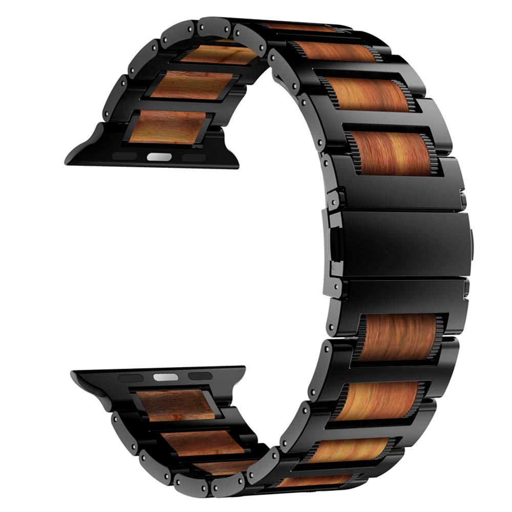 iiteeology Compatible with Apple Watch Band, Natural Wooden Steel Link Bracelet for iWatch Ultra 3/ Ultra 2/ Series 1-11 49mm 46mm 45mm 44mm 42mm - Black