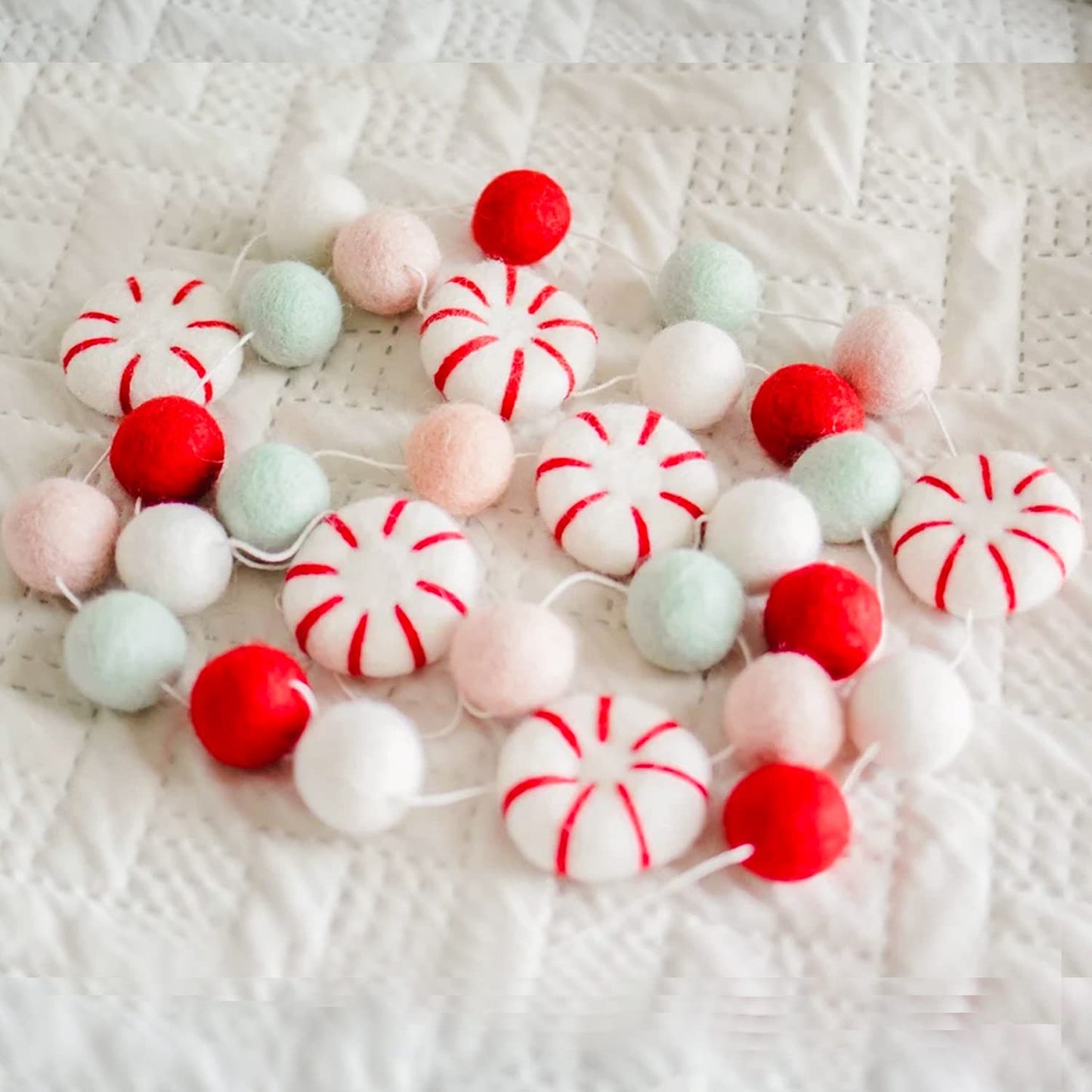 Christmas Felt Ball Garland, Holiday Home Decor, Peppermint Garland Decor, Candy Decorations, Felt Balls for Christmas Tree, Mantel, Kids Bedroom, Living Room, Nursery- 6.56 Ft