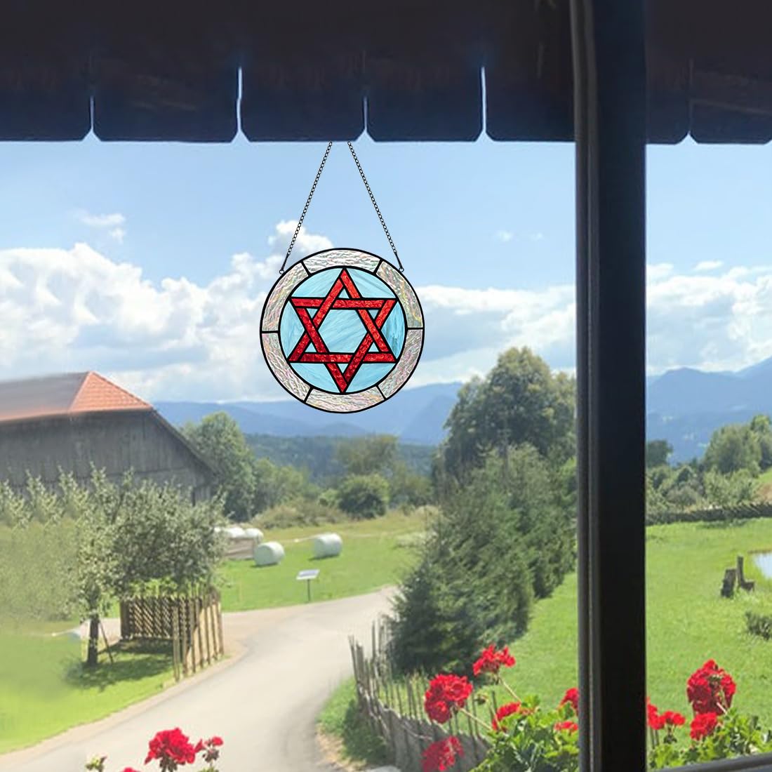 BOXCASA Jewish Stars Stained Glass Window Hanging Star of David Suncatcher