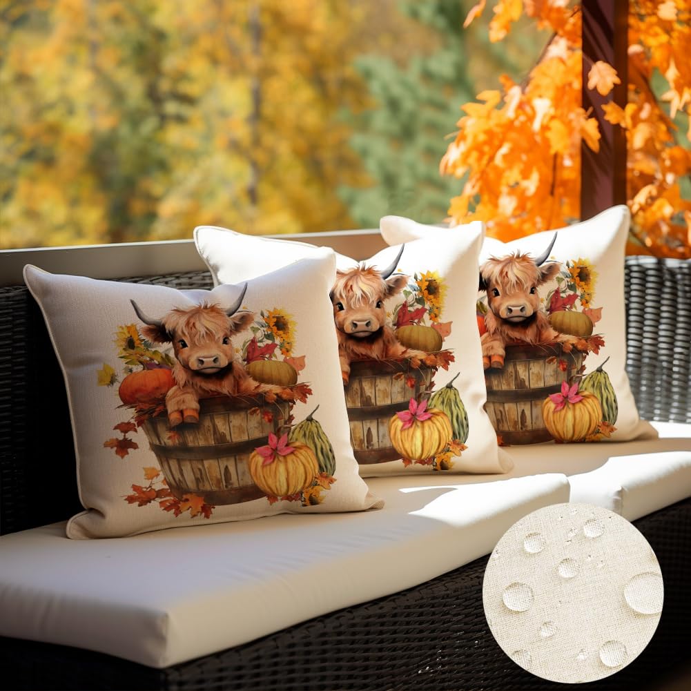 RABUSOFA Fall Outdoor Pillow Covers 18x18 Inch Waterproof Set of 2 Autumn Highland Cow Sunflower Farmhouse Decorations for Home Thanksgiving Pumpkin Decor Decorative Throw Pillow Cases for Patio Couch