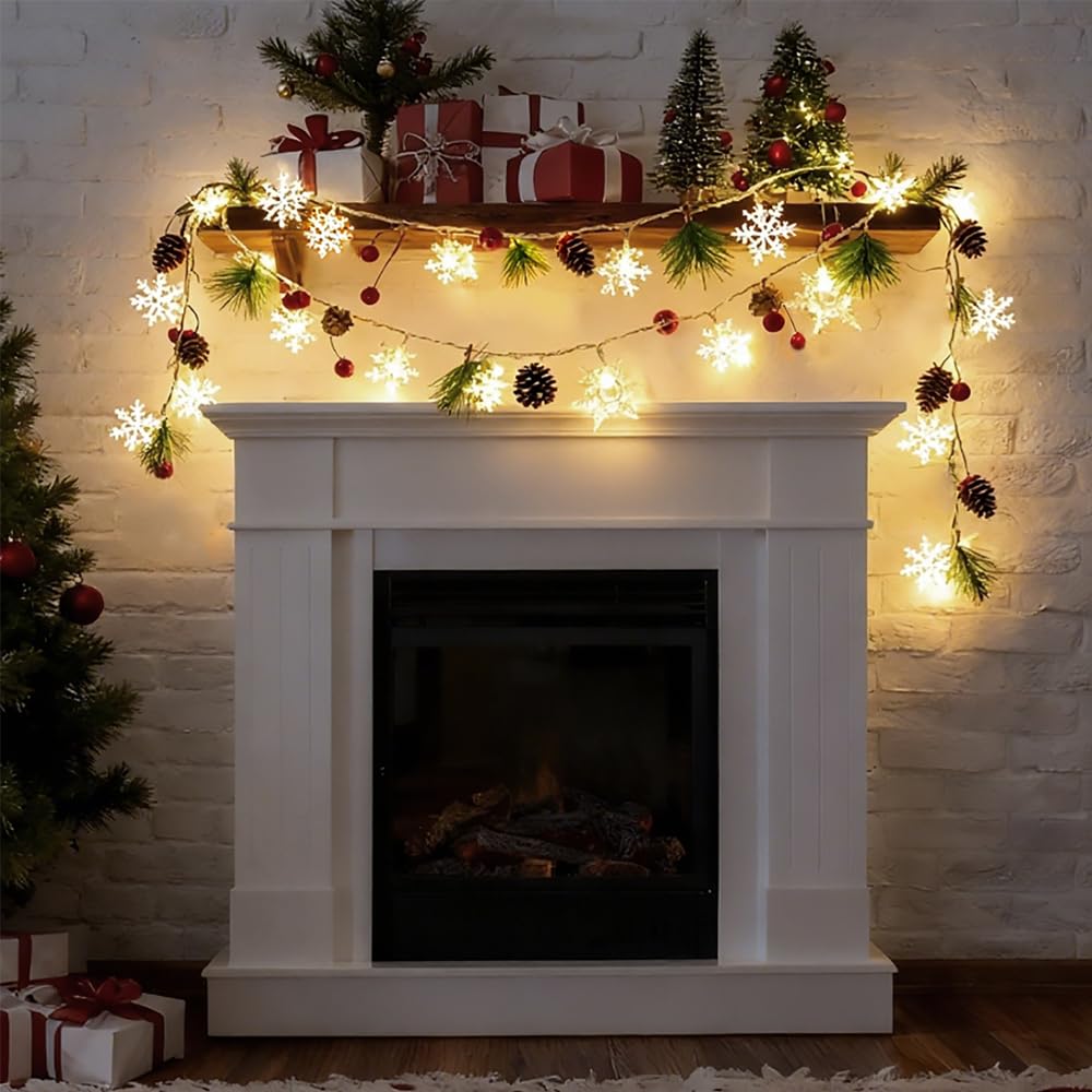 HiPiiy Christmas Garland with Snowflake Lights，9.8 Ft, Dual USB & Battery Powered, Pinecones & Red Berries, Perfect for Christmas, Wedding Parties, Fireplaces, Bedrooms, Indoor Outdoor Office Decor.