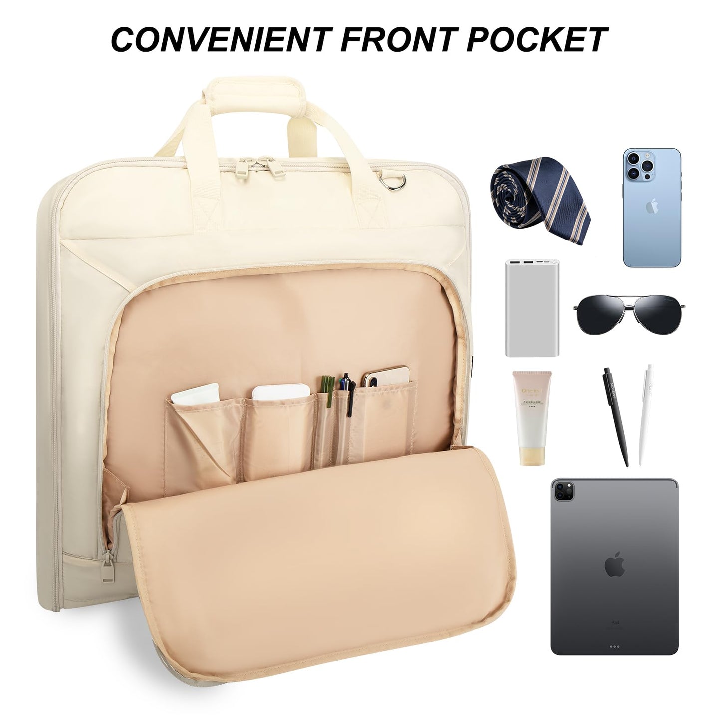 Travel Garment Bag for women,Lightweight Puffy Carry on Garment Bag for Hanging Clothes,44.7'' Waterproof Travel Suit Bag with Shoulder Strap,2 in 1 Foldable Duffle Bag,Beige