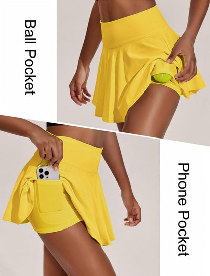 PINSPARK Womens Tennis Skirt High Waist Pleated Mini Skirts Tummy Control Athletic Skort with Pockets, Yellow Small