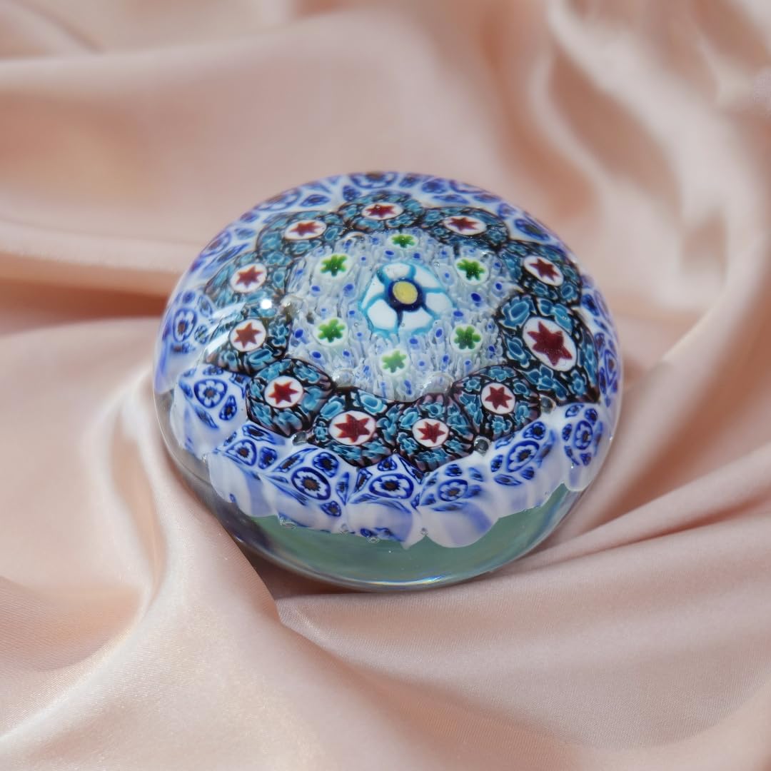 Yao Yuan Handcrafted Glass Paperweight - Beautiful Flower Figurine, Unique Desk Accessory for Home or Office (White millefiori, 3 in)
