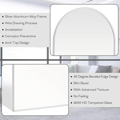 30" x 40" Silver Arched Mirror, Large Arch Bathroom Vanity and Wall Decor Mirror for Living Room, Bedroom, Entryway, Fireplace Mantel (Tempered Glass)
