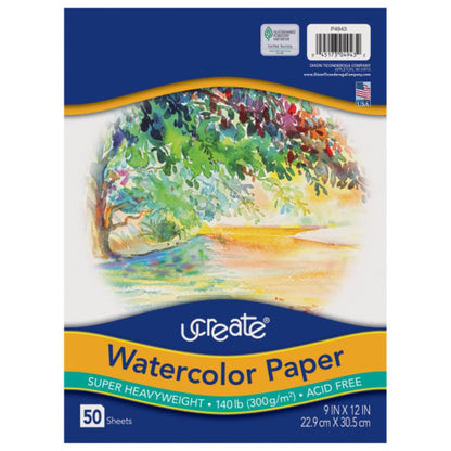 UCreate Watercolor Paper, White, Package, 140 lb., 9" x 12", 50 Sheets