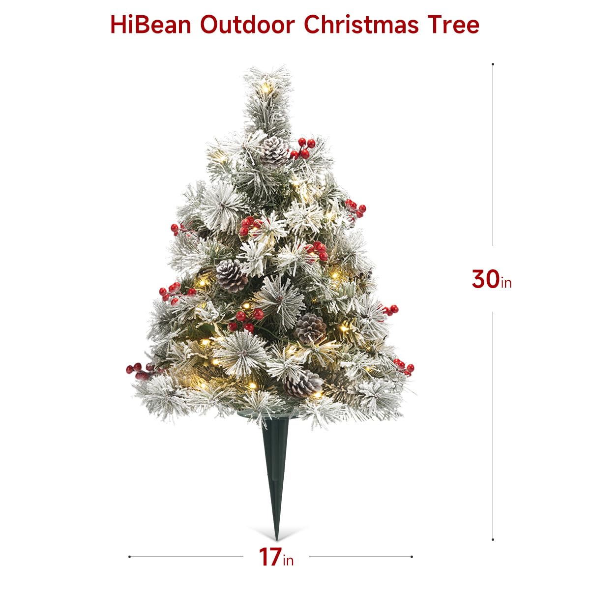 HiBean Christmas Tree Urn Filler 2 Set 30 inch, Pathway Porch Flocked Christmas Trees Pre-Light LED Battery Operated Outdoor Xmas Decor for Entrance, Yard, Garden, Red Berries, Pine Cones (White)