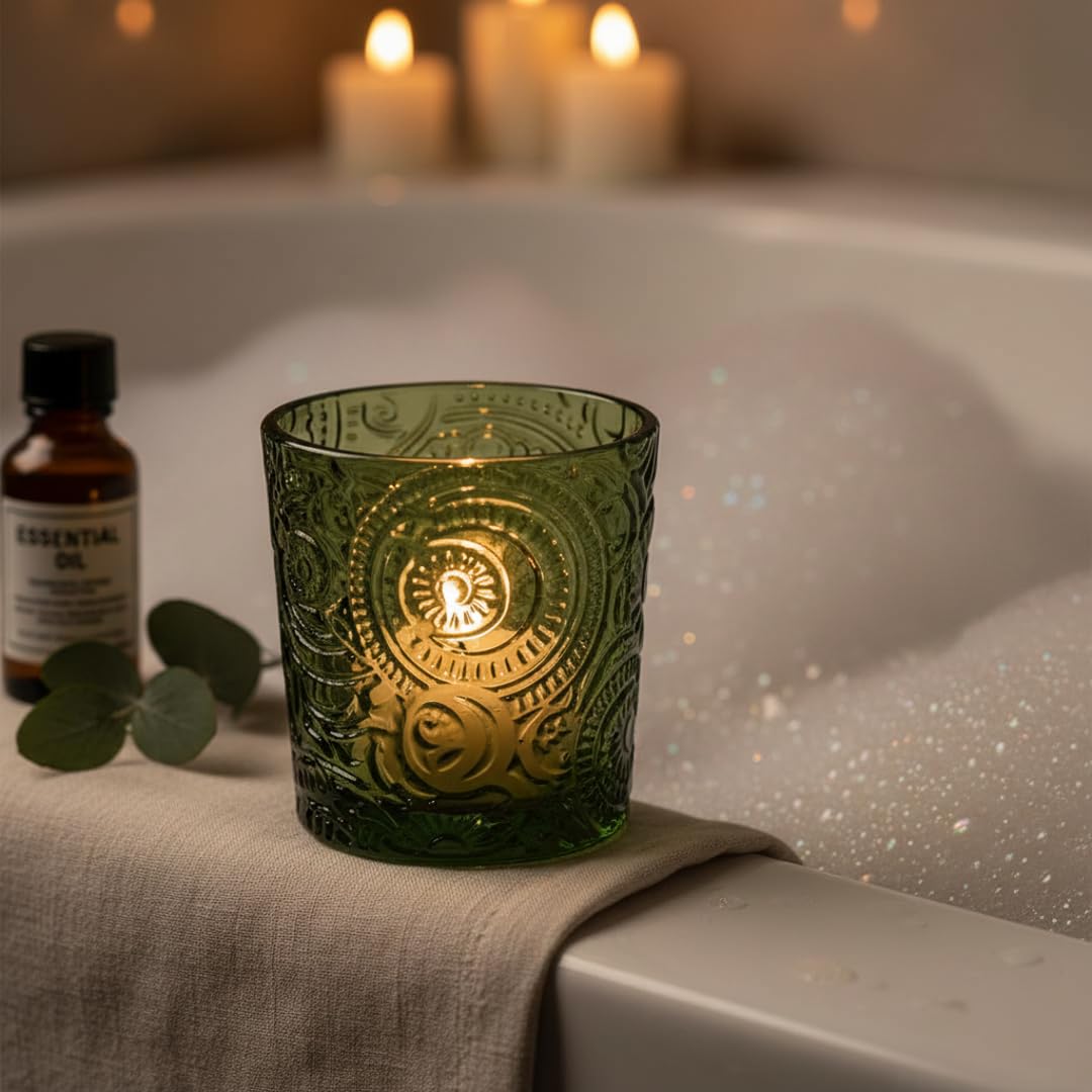 Moss Green Sun Moon Stars Glass Tealight Holders, 12 Pack
