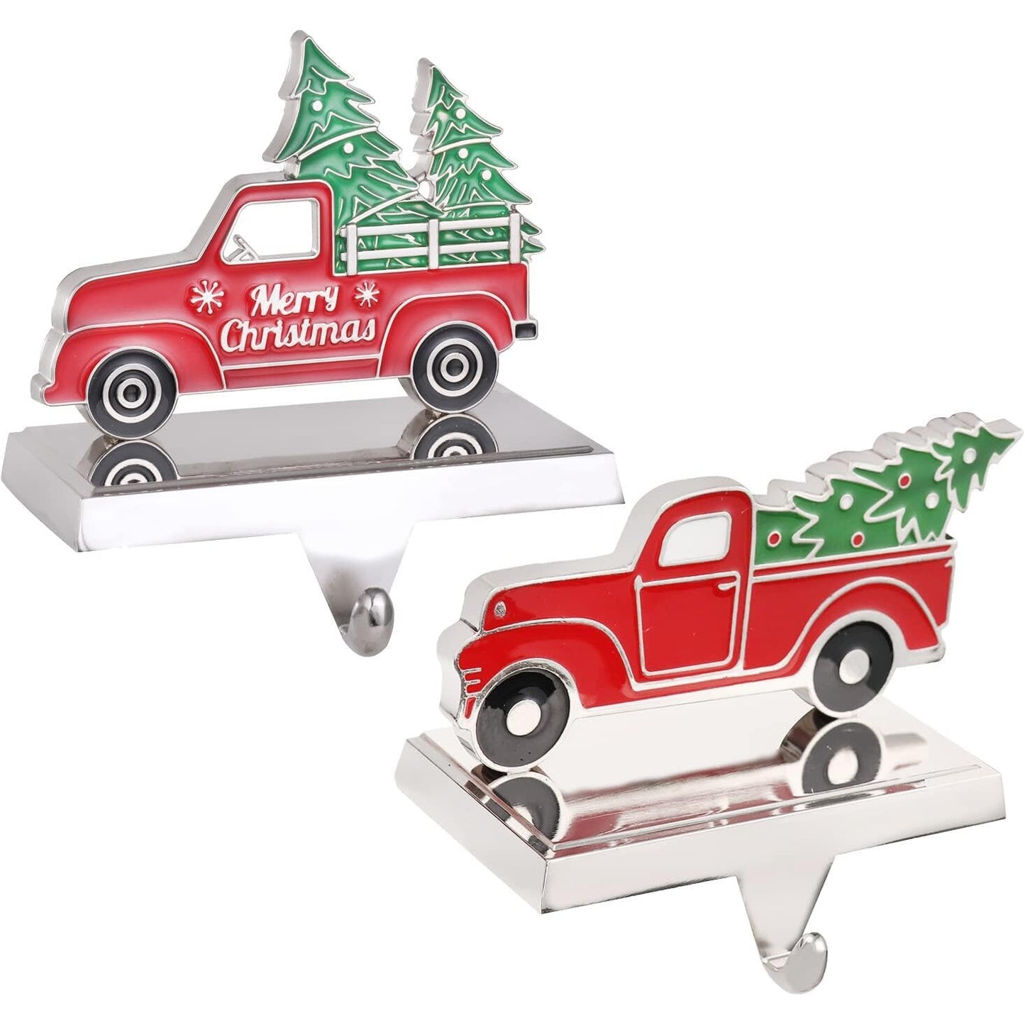 Yuokwer Set of 2 Christmas Stocking Holder for Mantel Christmas Decoration,Metal Red Truck with Christmas Tree Stocking Hangers for Fireplace Xmas Decoration Supplies (Truck)