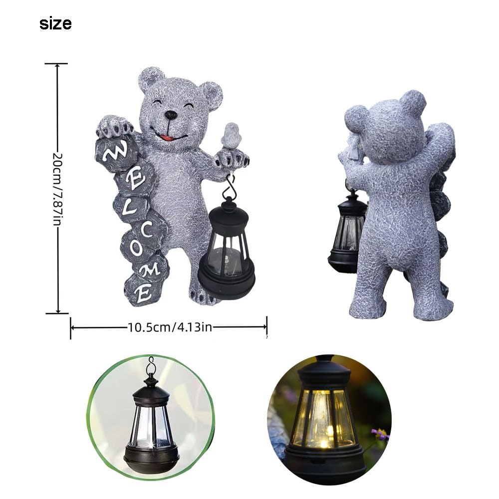 Youfui Bear Figurine Light Solar Powered Led Light- Welcome Lawn Decor Bear Garden Statues for Patio, Balcony, Yard Ornament, Outdoor Figurine Light House Housewarming Gifts, 7.8x4.13inch