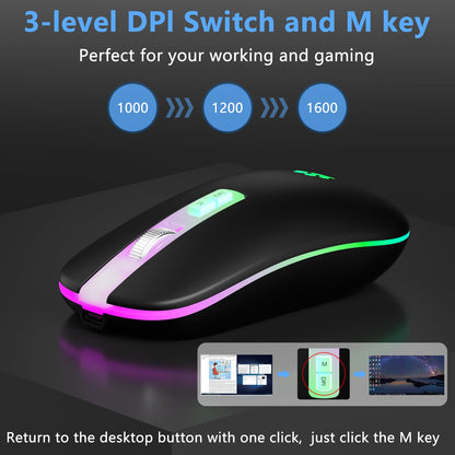 KARFUN Wireless Mouse, Backlit LED Portable Slim Computer Mouse for Laptop, PC, Computer, MacBook, iPad, Chromebook, Notebook, 2.4G Rechargeable Wireless Mouse (Black) (Black-Transparent Nose)