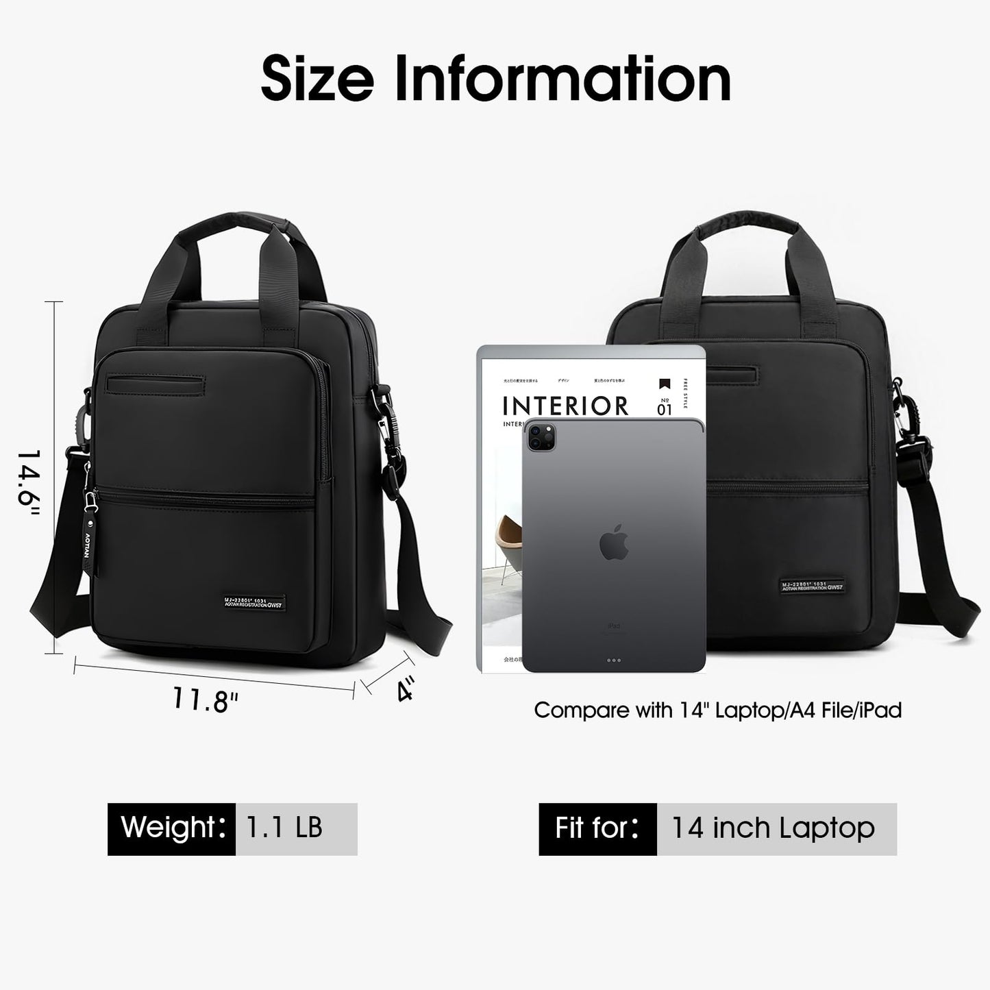 Coolymee Nylon Messenger Bag for Men,14-inch Laptop Bag Large Casual Crossbody Shoulder Bag Waterproof Handbag Lighweight Sling Pack with Adjustable Straps for Work Business Travel