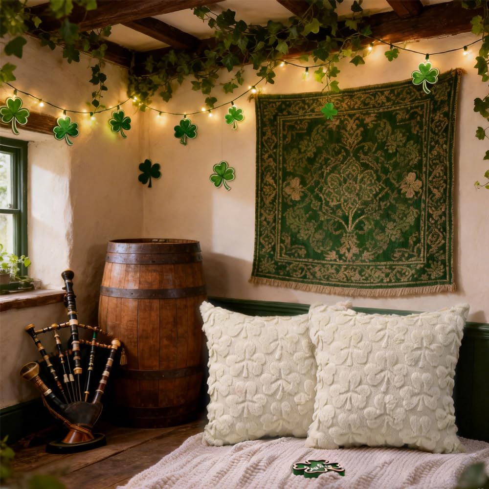 Heirloom Haven St Patrick’s Day Pillow Covers Set of 2,Beige Shamrock Irish Soft Plush Fluffy Faux Fur Jacquard Decorative Holiday Farmhouse Cushion Case for Sofa 20 x 20 Inch