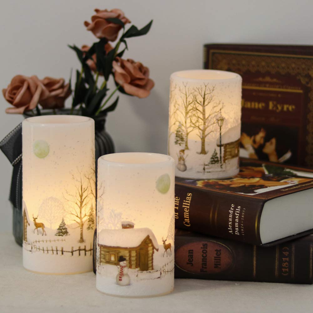 GenSwin Christmas Snowman Flameless Candles Flickering Battery Operated with Timer, Real Wax Led Pillar Candles Warm Light, Christmas Snowman Deer Home Decor Gift(Pack of 3)