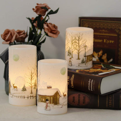 GenSwin Christmas Snowman Flameless Candles Flickering Battery Operated with Timer, Real Wax Led Pillar Candles Warm Light, Christmas Snowman Deer Home Decor Gift(Pack of 3)