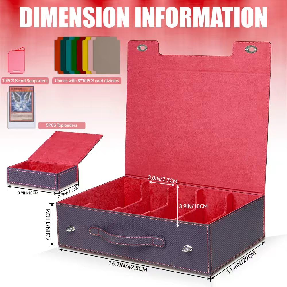 Sesmez 5-Row 3900+ Trading Card Storage Box for MTG, Card Deck Box with Snap-fit Design, 5 Card Sleeves, 10 Stoppers, 80 Dividers and 1 Dice Tray (Black-Red)