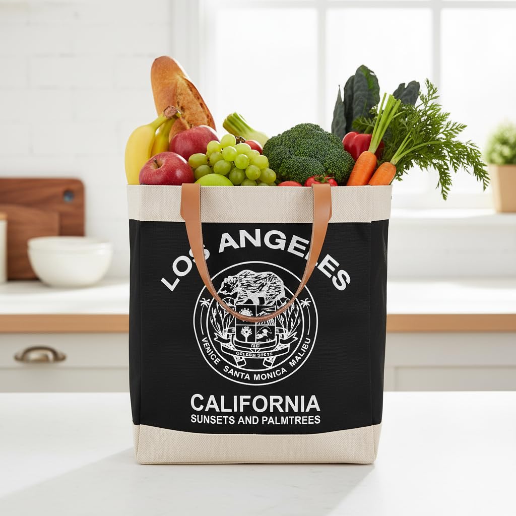 Farmers market shopping bag, Premium Jute, Cotton and Canvas with Leather Handles, Extra Wide for Grocery, Shopping, Beach and Outing, Eco Friendly Tote