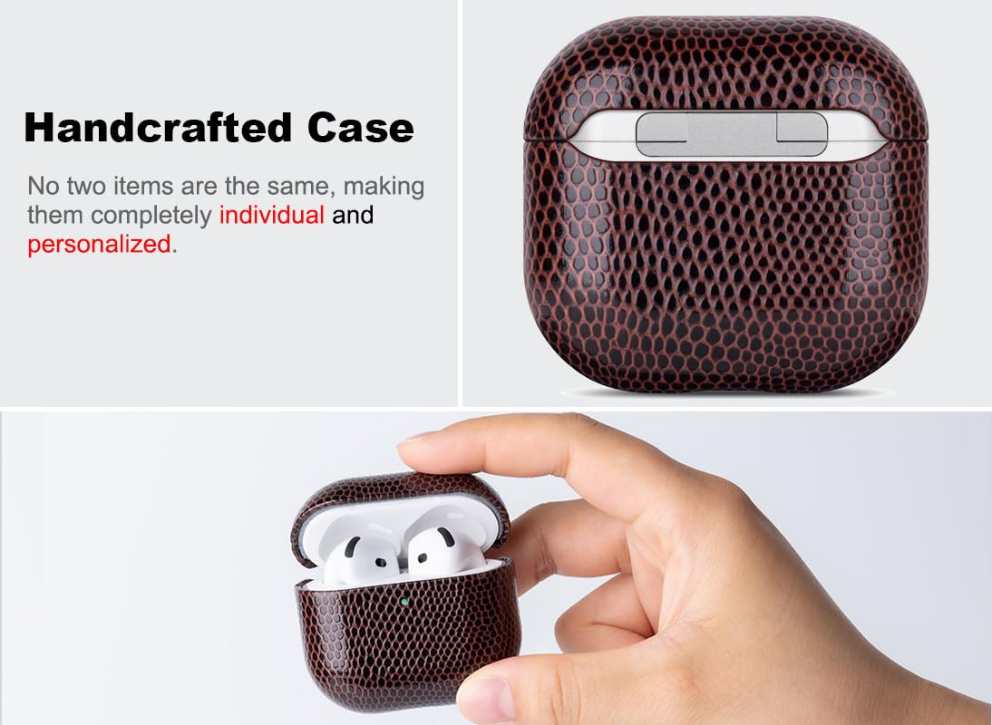Haobobro Handmade Case - for AirPods 4 Case Cover - Selected Vegan Leather, Lizard Skin Texture, Drop Protective Hard Shell Cover for AirPods 4th Generation Earbuds - Coffee