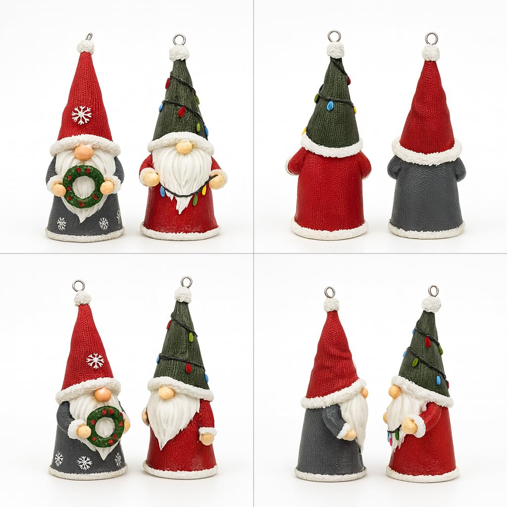 2-Pack Christmas Gnomes Hanging Ornaments, Hand-Painted Resin Decorations with Elastic Hanging Cord Lightweight Scandinavian Xmas Ornaments for Christmas Tree, Mantel & Gifts (Gnomes)