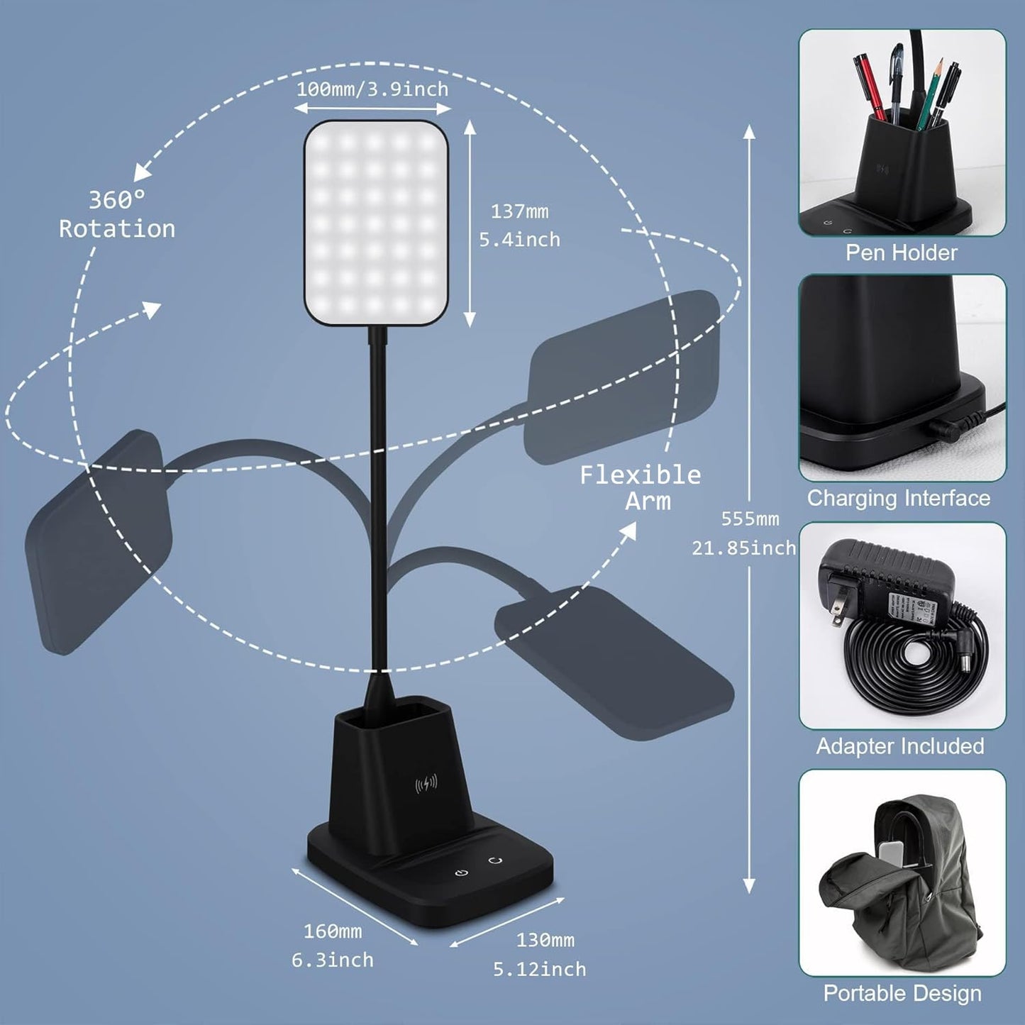 Sailstar Desk Lamp, LED Desk Lamps for Home Office, Wireless Charger Small Desk Lamp with Pen Holder, 3 Color Modes, Dimmable, CRI 85, 800LM, Study Lamps for College Dorm Room, Adapter Included, Black