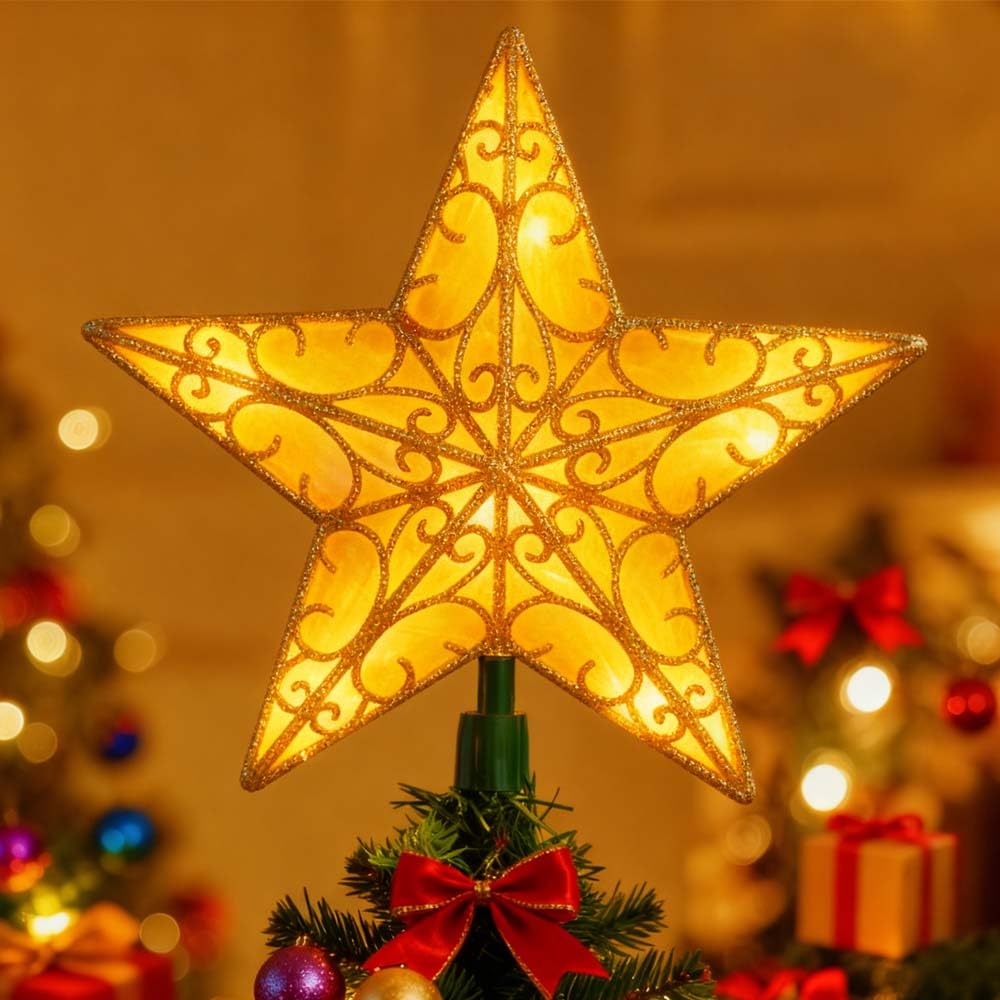 Christmas Star Tree Topper, Gold Glittered 3D Star Tree Topper, with Warm White LED Lights String Lights for Indoor Office Christmas New Year Holiday Tree Decoration