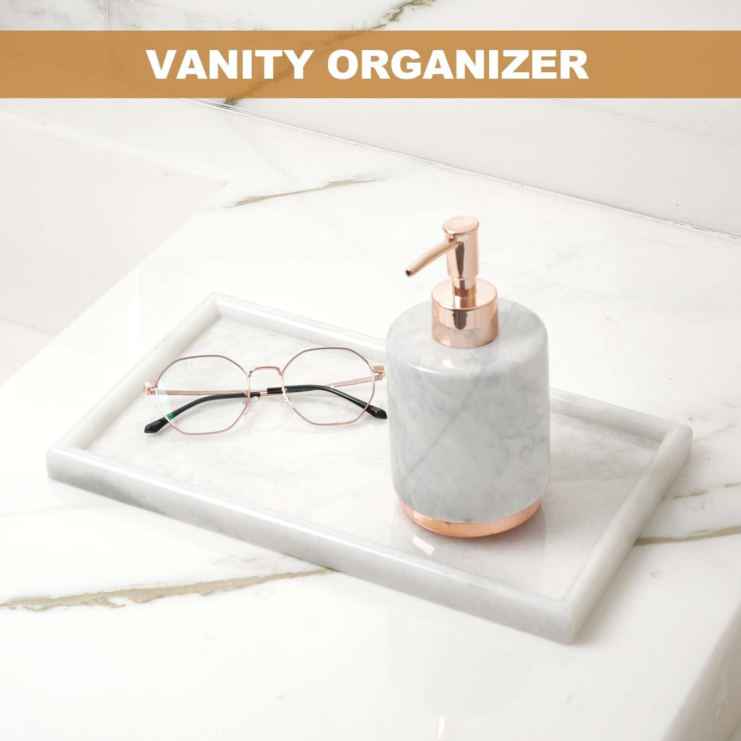 Koville African Natural Marble Tray, 12"x7" Coffee Table Vanity/Decorative Tray for Jewerly, Watch, Perfume Candle Tray for Bedroom/Bathroom/Kitchen Countertop