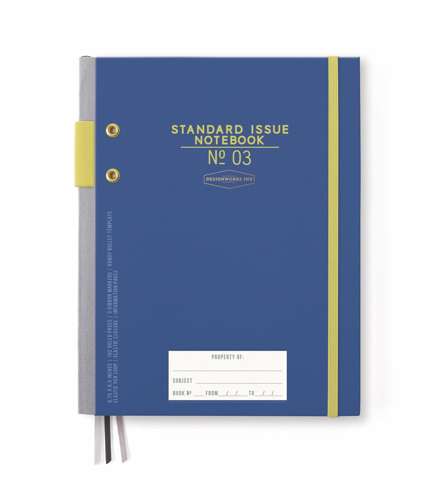 DesignWorks Ink Standard Issue Notebook No. 3, Undated Daily Planner & Writing Journal, 192 Lined Pages, Pen Holder, Small Notebook for Work & Journaling, 6.75 x 8.5 in, Cobalt & Citron