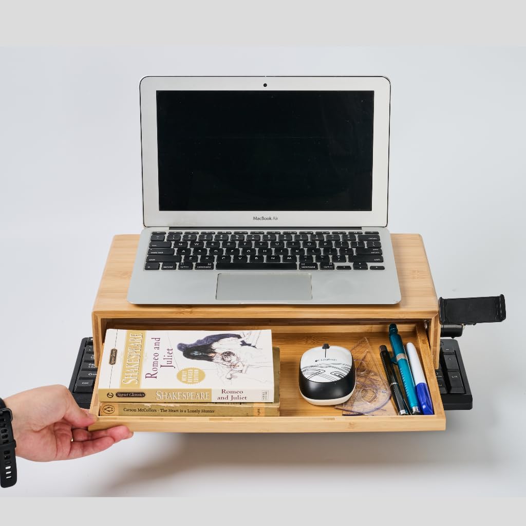 LICHIL Monitor Stand Desk Top Organizer with Storage Drawer & Phone Holder,Bamboo Monitor Stand with Keyboard Tray, Wide Monitor Riser Non Slip Desk Riser