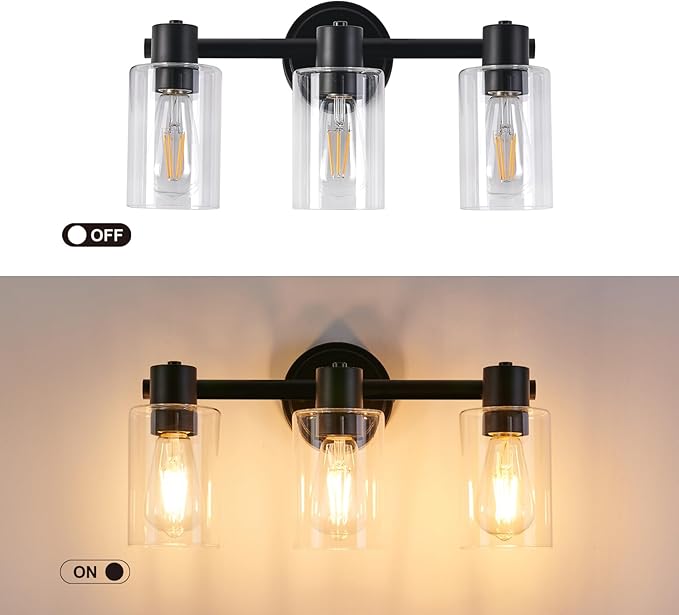 3 Light Bathroom Wall Light Fixtures Black Bathroom Wall Sconce with Clear Glass Lights Over Mirror Vanity Lights E26 Base