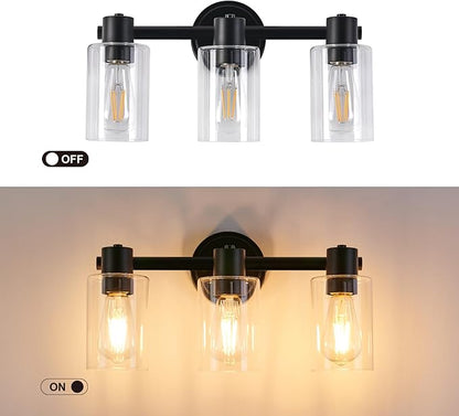 3 Light Bathroom Wall Light Fixtures Black Bathroom Wall Sconce with Clear Glass Lights Over Mirror Vanity Lights E26 Base