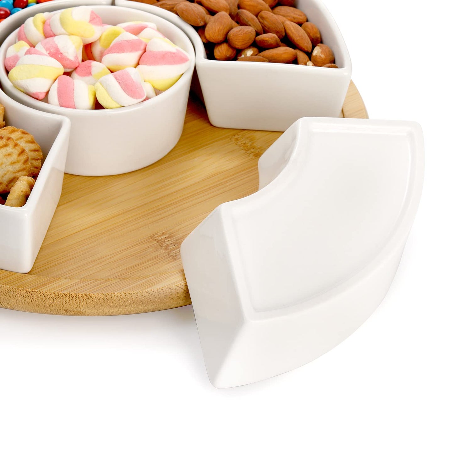 Lyellfe Divided Serving Dish Lazy Susan, 360° Rotatable Porcelain Appetizer Snack Tray Platter for Fruit, Veggies, Candy, Relish Tray for Christmas Thanksgiving Party, 5 Removable Compartment, White