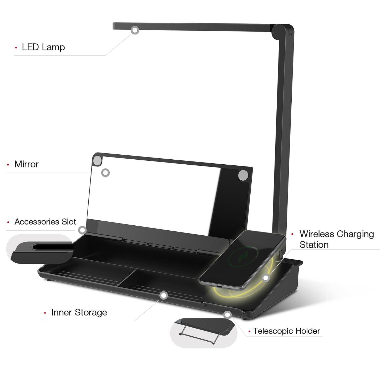 TOWON LED Desk Lamp with Charging Pad and Dry Erase Whiteboard - Adjustable 2 Level Light Touch Lamp, Eye-Caring Foldable Table Lamp with White Board Storage College Dorm Room Essentials, Black
