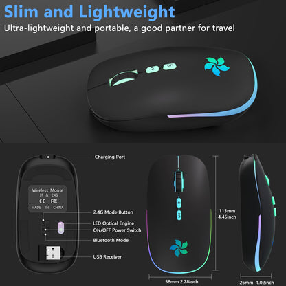 KARFUN Wireless Mouse, Backlit LED Portable Slim Computer Mouse for Laptop, PC, Computer, MacBook, iPad, Chromebook, Notebook, 2.4G Rechargeable Wireless Mouse (Black) (Black-Transparent Nose)