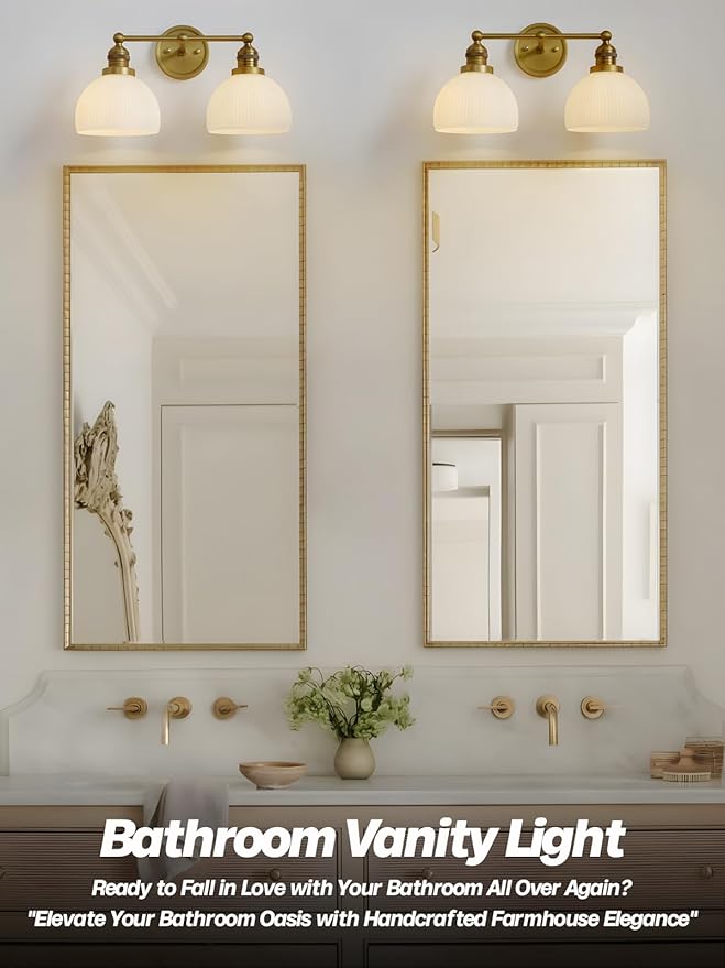 2-Light Gold Wall Sconces,Vintage Bathroom Wall Sconce Light with Milk Glass Double Arm Brass Bathroom Vanity Light for Living Room Bedroom Kitchen E26 Hardwire Indoor