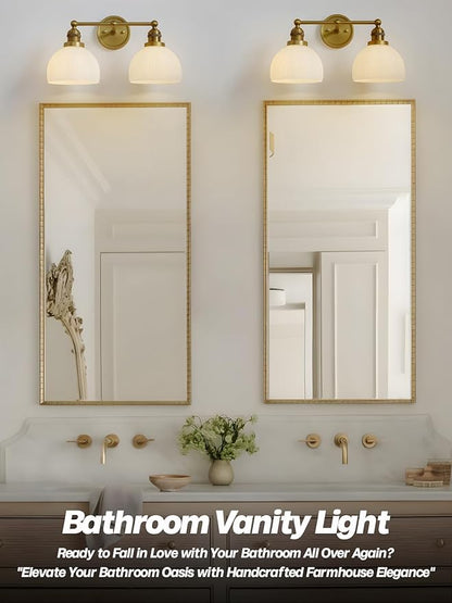 2-Light Gold Wall Sconces,Vintage Bathroom Wall Sconce Light with Milk Glass Double Arm Brass Bathroom Vanity Light for Living Room Bedroom Kitchen E26 Hardwire Indoor
