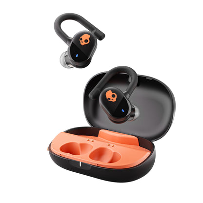 Skullcandy Push Play Active Wireless Earbuds, Bluetooth Headphones, Noise Isolating Fit, 34 Hrs Battery, Secure-Fit Over-Ear Hanger, Sweat Water Resistant, Microphone for iPhone Android - Black/Orange