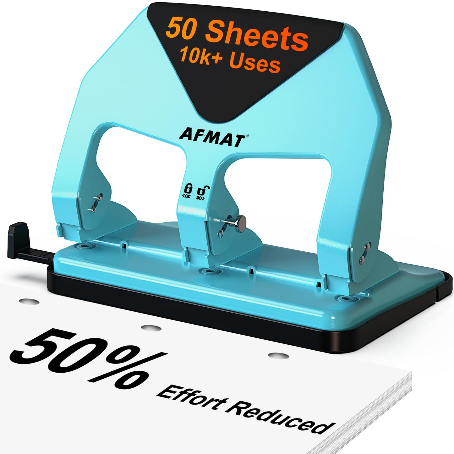 AFMAT 3 Hole Punch Heavy Duty, 50-Sheet Three Hole Punch, 50% Reduced Effort, 10,000+ Uses, 9/32" Holes, S.S. Paper Guide, 3 Hole Puncher for Binder, Metal Hole Puncher for Home Office School HP20
