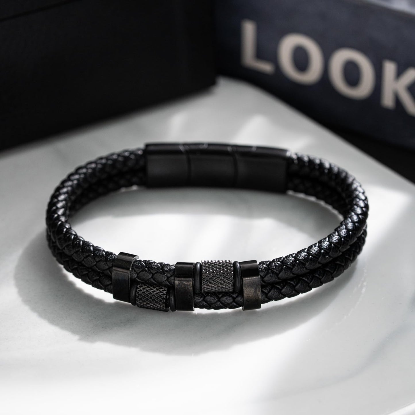 HAVRESSE black genuine leather bracelet for men with adjustable stainless steel magnetic clasp - multi-layer braided rope design - stylish bracelet for men Fits wrist sizes 6.1-7.5 inches.