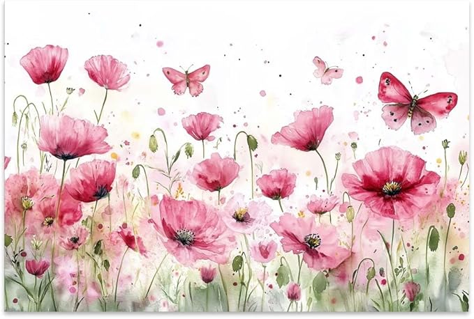 Yesad Poppies Wall Art, Pink Poppy Canvas Wall Art Flower Pictures Floral Poster Prints Farmhouse Wall Décor for Living Room Bedroom Home Decorations (Unframed,24”x16”, Poppy3)