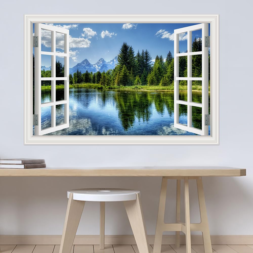 Removable 3D Window View Wall Decals, Nature Mountain Forest Lake Scenery Vinyl Sticker Peel & Stick Wall Decor Stickers for Living Room Bedroom Dorm Bathroom Wallpaper - Christmas Gifts - 32"x48"