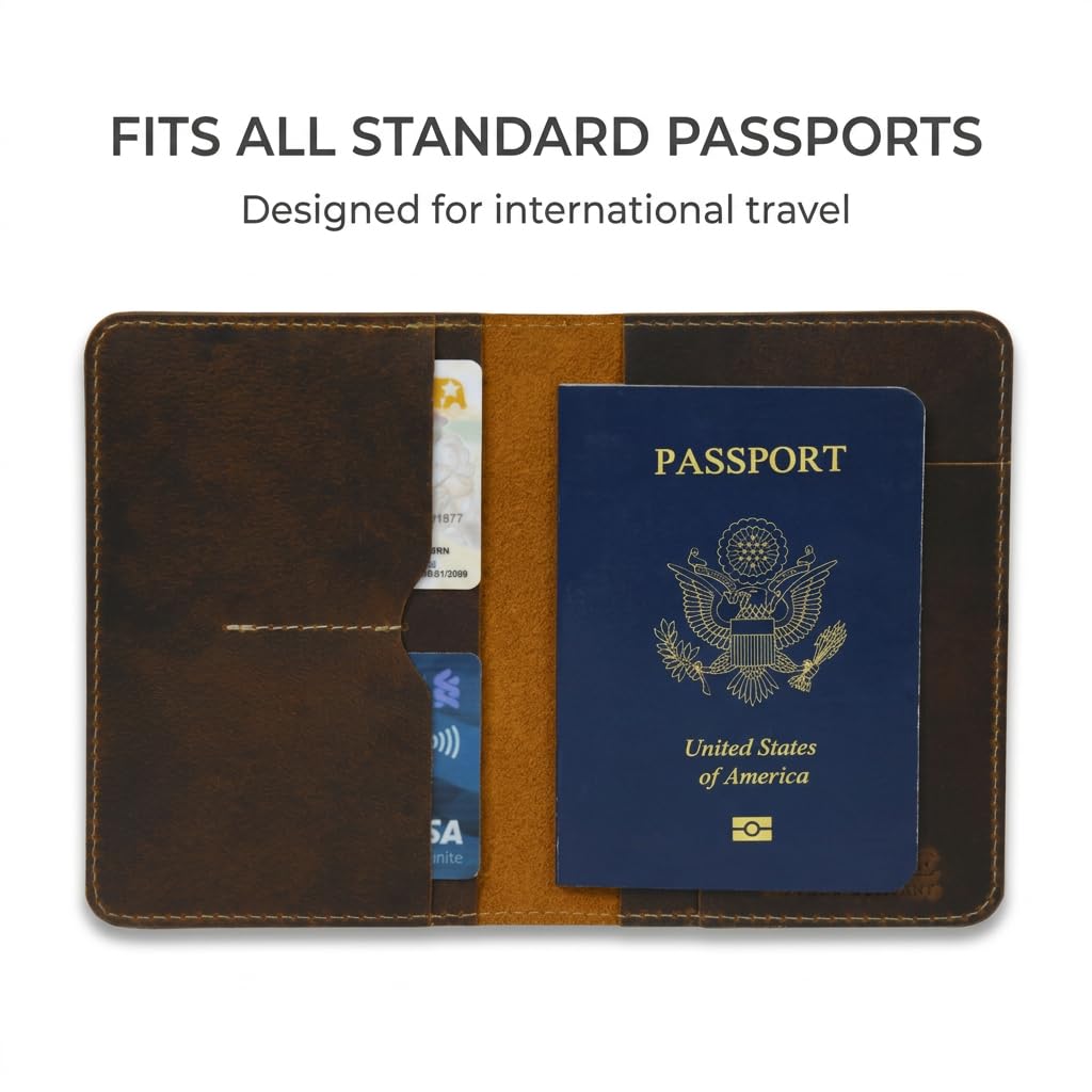 Rustique Leather Passport Holder Collection - Handmade Travel Wallet & Organizer - Full Grain Crazy Horse Leather Covers for Men & Women (Multiple Styles) (Document Organizer - Tobacco & Honey)