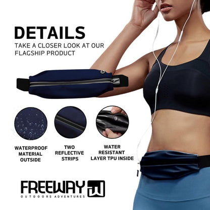 FREEWAY OUTDOORS ADVENTURES Running Belt for Men & Women - Secure Jogging Pouch for Phone, Keys & Essentials. Water Resistance, Adjustable for All Cell Phones (BLUE)