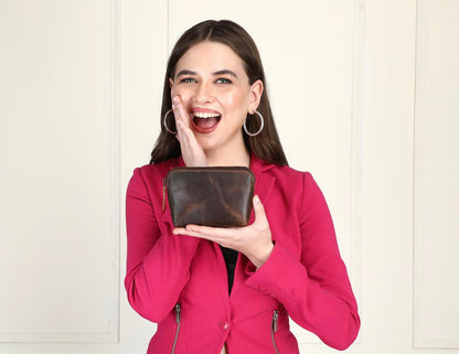 TheAntiq Full Grain Leather Cosmetic Bag – Zippered Makeup Pouch for Women, Small Travel Toiletry & Organizer Pouch for Purse, Premium Handmade Leather (5 × 4 × 2.5 in)