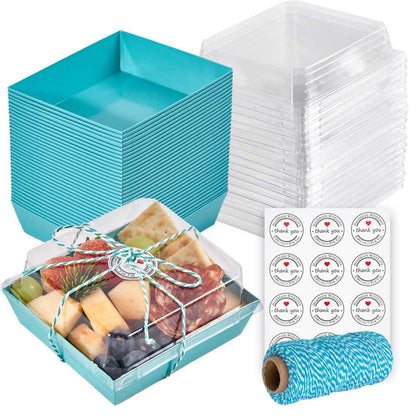 Leafiew 50 Pack Small Charcuterie Boxes with Clear Lids - To Go Paper Mini Charcuterie Box, Disposable Food Containers, 5Inch Dessert Boxes - Sandwich, Cookie, Sushi, Cake Slice, Strawberries (Blue)