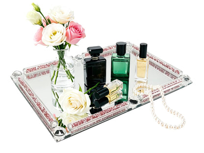 HMRCYTE Crystal Perfume Tray, 11.8" x 7.9" Mirror Glass Vanity Tray for Dresser, Cosmetic Jewelry Trinket Tray, Crushed Diamond Home Decor, Decorative Tray for Vanity Christmas Party Gift