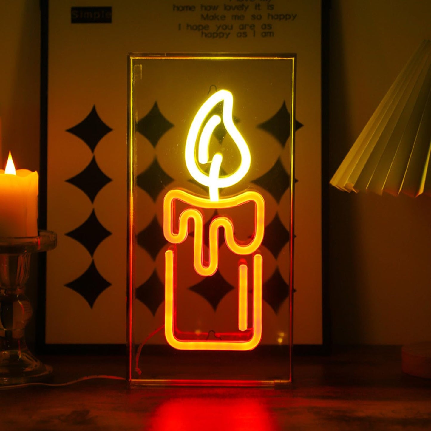 Candle Flame Neon Lights Sign 3D Desktop Standable Flame Lightbox for Wall Decor,USB Powered Candle Fire Neon Sign for Kids Boys Room, Party, Bar, Birthday Decorations