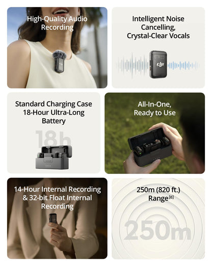 DJI Mic 2 (2 TX + 1 RX + Charging Case), Wireless Lavalier Microphone, Intelligent Noise Cancelling, 32-bit Float Internal Recording, 820 ft.(250m) Range, Microphone for iPhone, Android, Camera