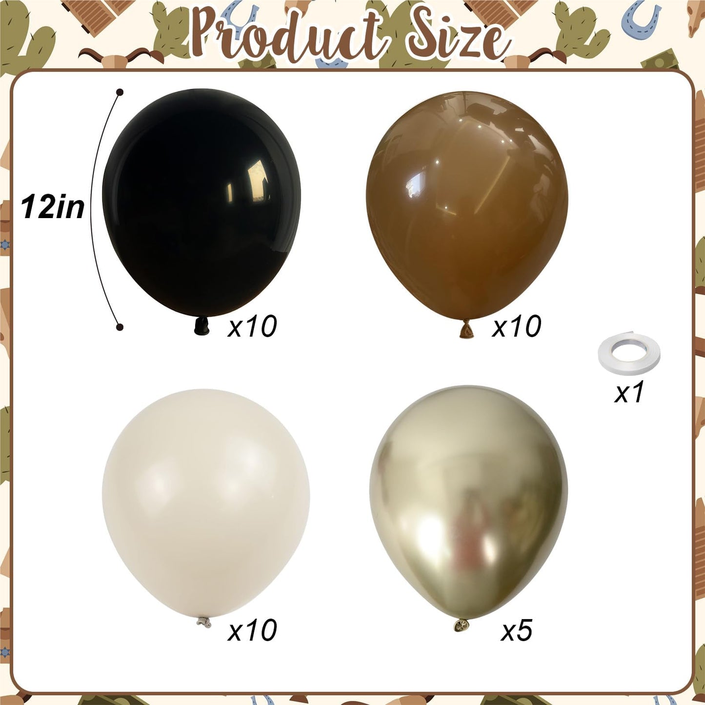 Brown Black Gold Balloons, 12 Inch Neutral Brown Tan Nude Black Beige Ivory Latex Balloons with Metallic Gold Balloon for Graduation Cowboy Western First Rodeo Wild West Country Farm Boho Baby Shower