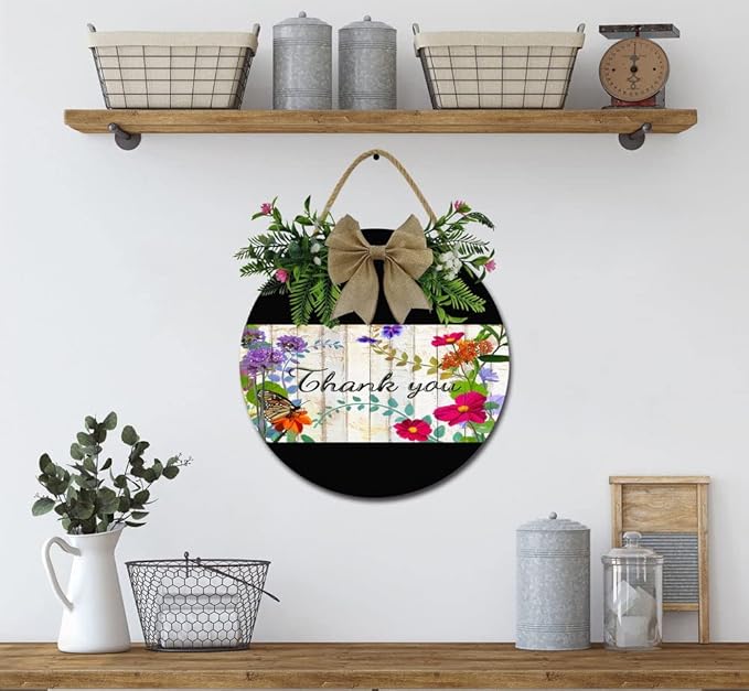 A Garden Thank You Front Door Sign Funny Wreaths Hanging Wooden Plaque Decoration Round Rustic Wood Farmhouse Porch Decor for Home Front Door Decor, 11 x 11 Inch