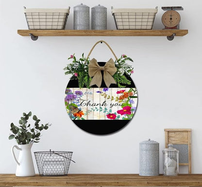 A Garden Thank You Front Door Sign Funny Wreaths Hanging Wooden Plaque Decoration Round Rustic Wood Farmhouse Porch Decor for Home Front Door Decor, 11 x 11 Inch